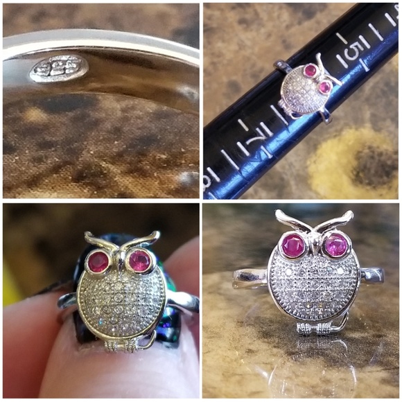 Genuine White Sapphire & Ruby Baby Owl Ring Size 6 - Picture 5 of 5